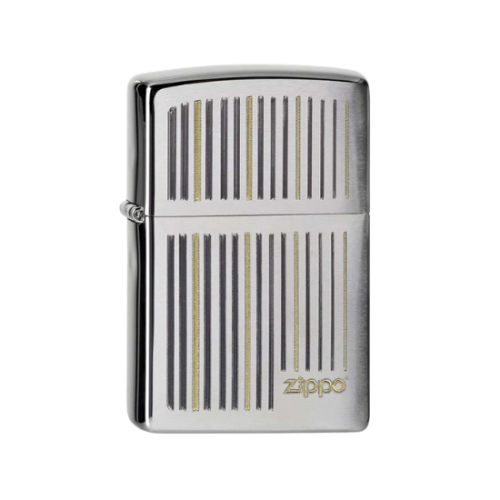 Zippo Logo And Lines Brushed Chrome Classic Windproof Pocket Lighter - 28646
